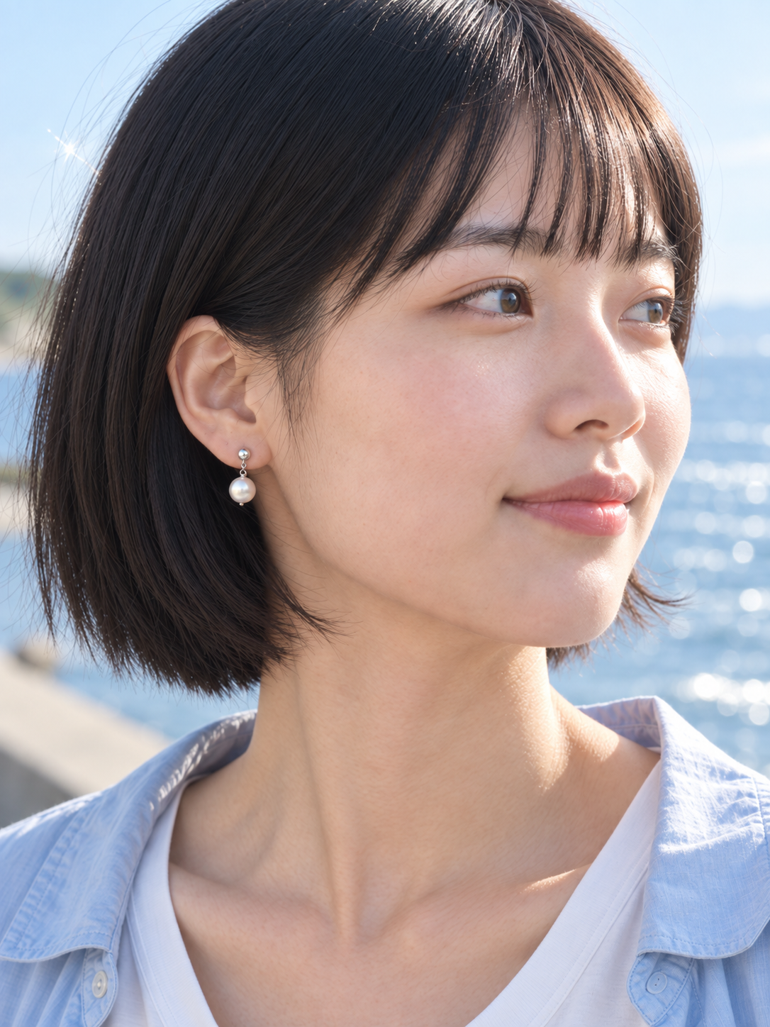 アコヤ真珠ぶら下がりピアス ホワイト — モデル着用・耳元アップ