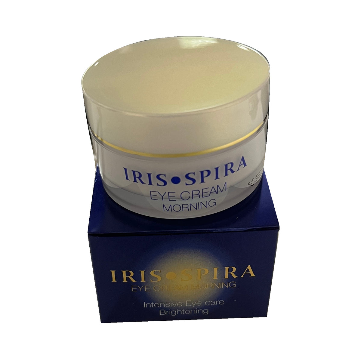 IRIS・SPIRA アイクリーム モーニング ミニサイズ 10g ― ジャーを箱の上に置いた写真
